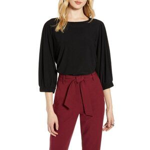 Halogen Women Black Solid Banded Sleeve Knit Top Blouse Size Large